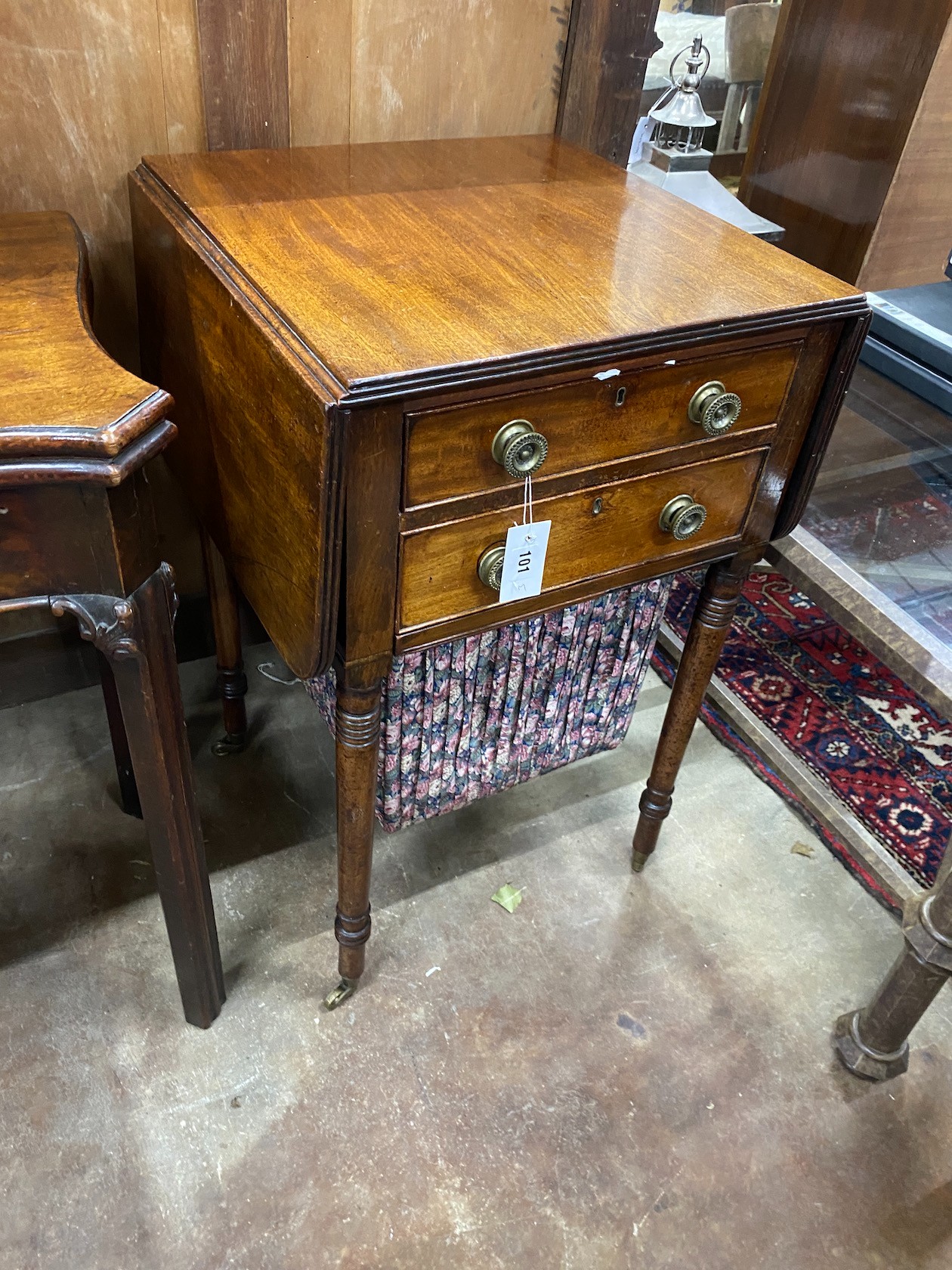 A Regency mahogany drop flap work table, width 47cm, depth 46cm, height 76cm